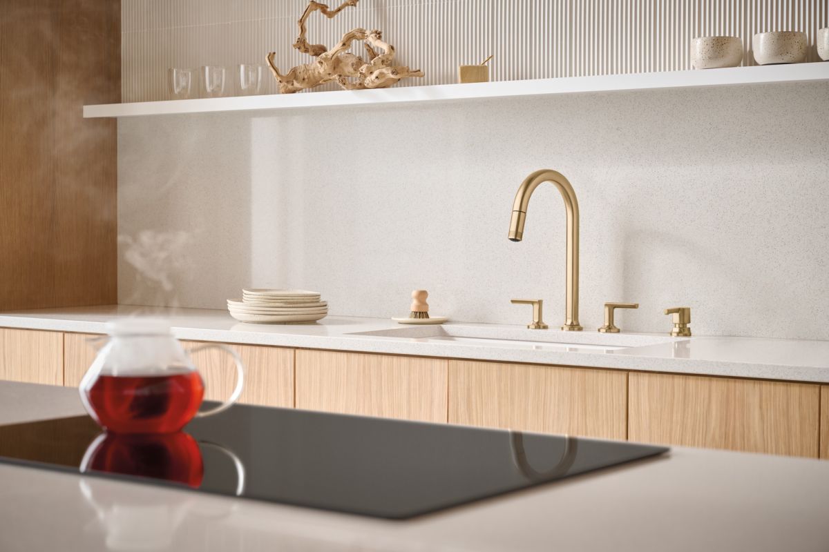 BRIZO Kintsu Widespread Pull-Down Faucet with Arc Spout - Less Handles — Lumicoat® Luxe Gold