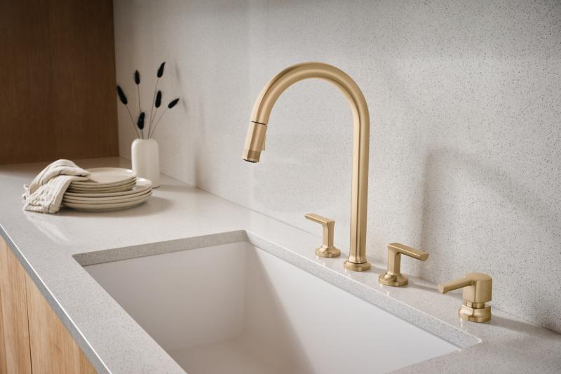 BRIZO Kintsu Widespread Pull-Down Faucet with Arc Spout - Less Handles — Lumicoat® Luxe Gold