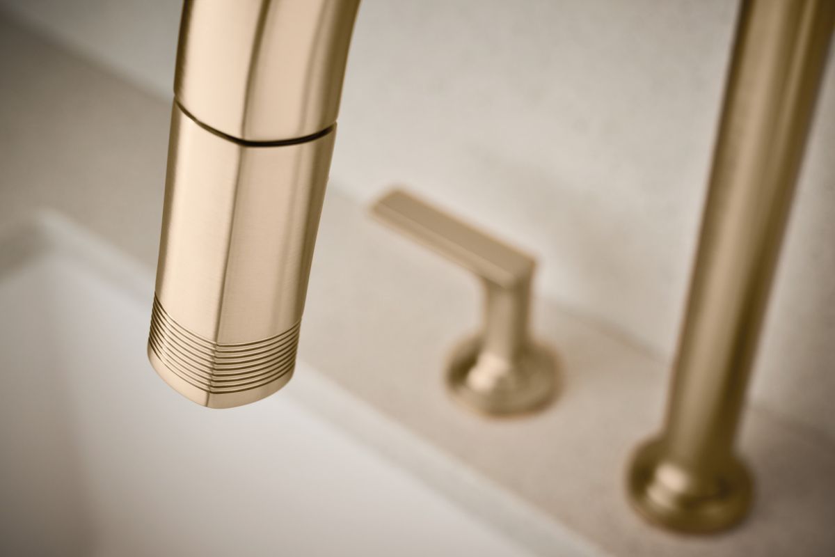 BRIZO Kintsu Widespread Pull-Down Faucet with Arc Spout - Less Handles — Lumicoat® Luxe Gold