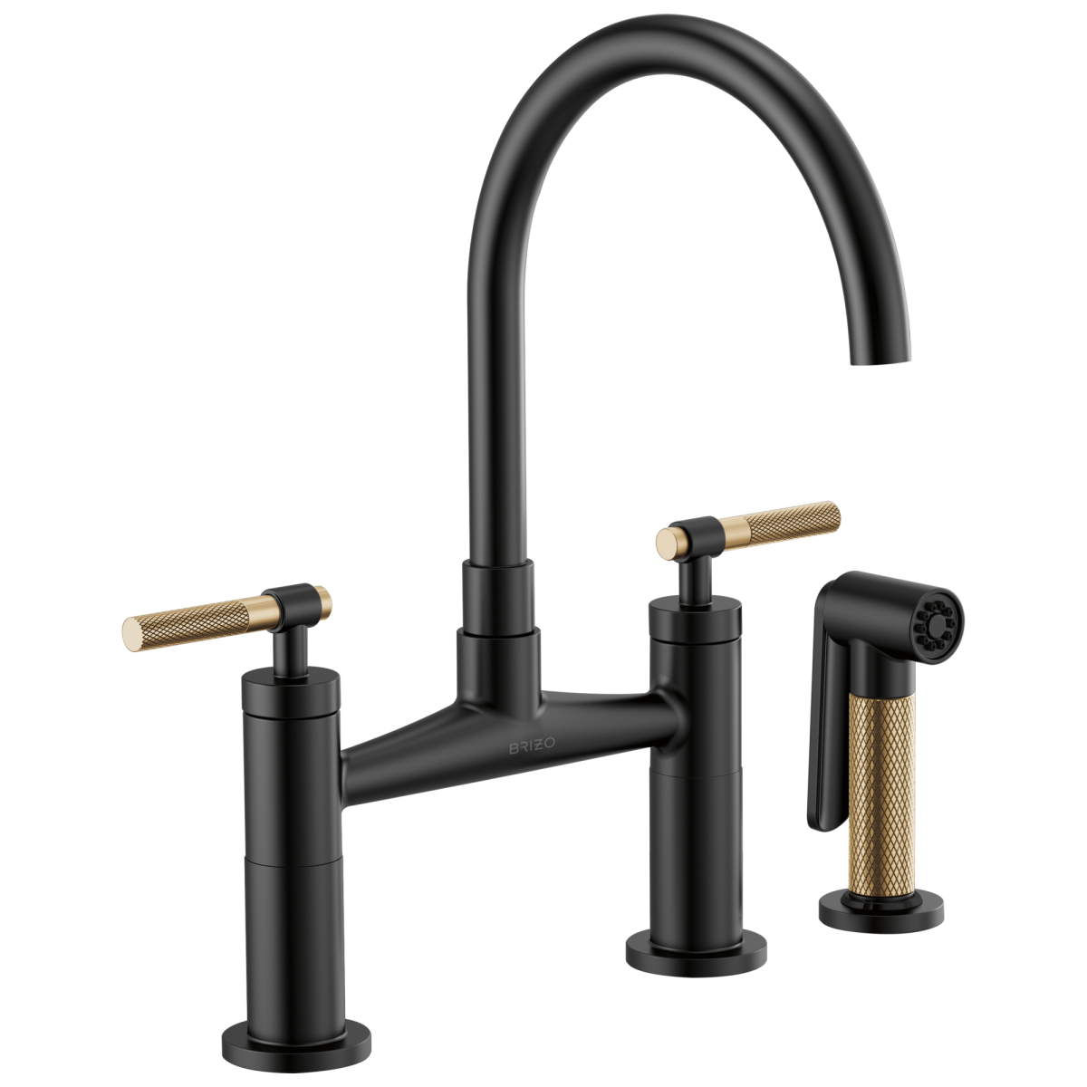 BRIZO Litze Bridge Faucet with Arc Spout and Knurled Handle — Matte Black/Luxe Gold