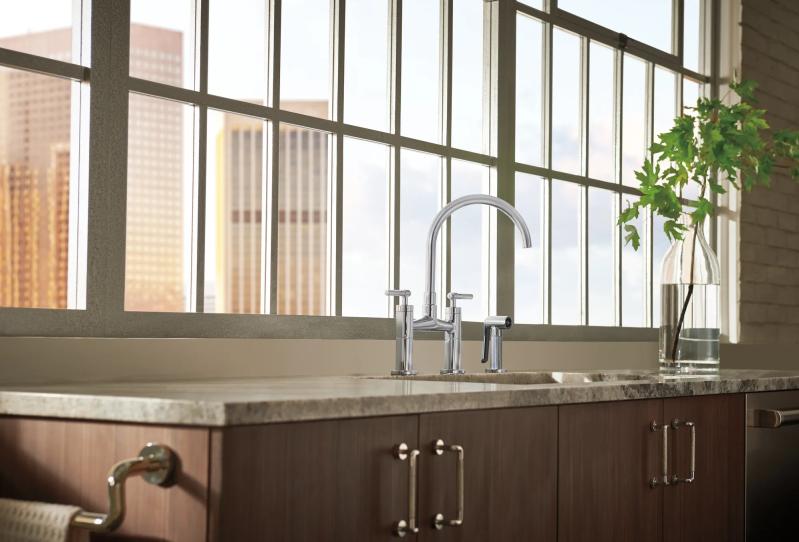 BRIZO Litze Bridge Faucet with Arc Spout and Knurled Handle — Chrome
