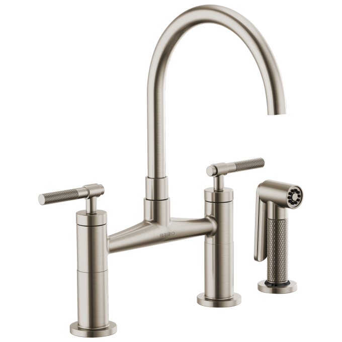 BRIZO Litze Bridge Faucet with Arc Spout and Knurled Handle — Stainless