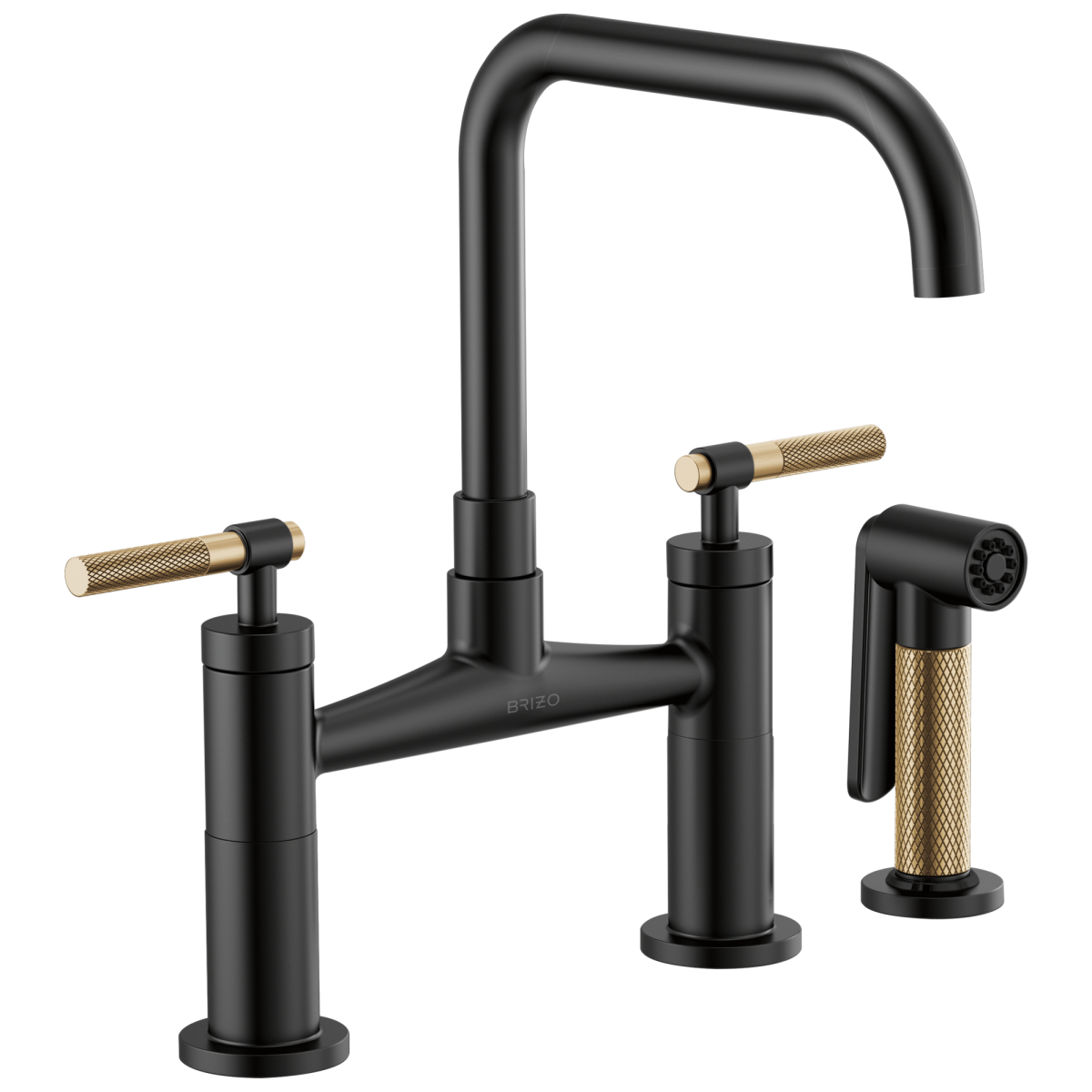 BRIZO Litze Bridge Faucet with Square Spout and Knurled Handle — Matte Black/Luxe Gold