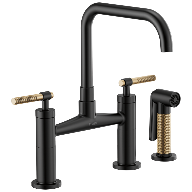 BRIZO Litze Bridge Faucet with Square Spout and Knurled Handle — Matte Black/Luxe Gold