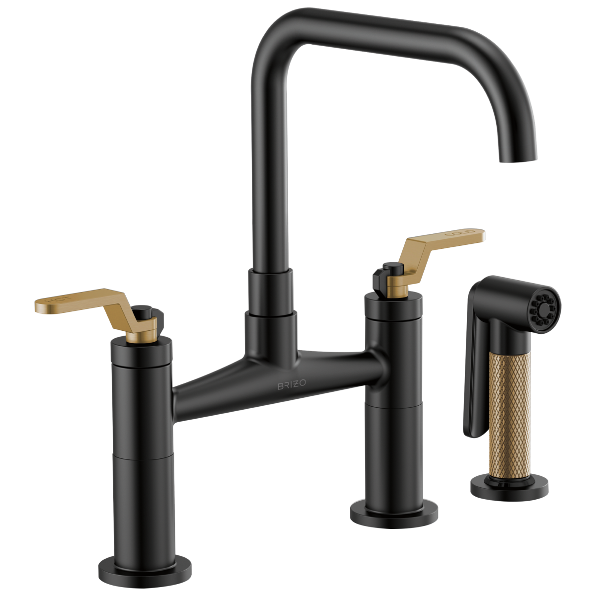 BRIZO Litze Bridge Faucet with Square Spout and Industrial Handle — Matte Black/Luxe Gold