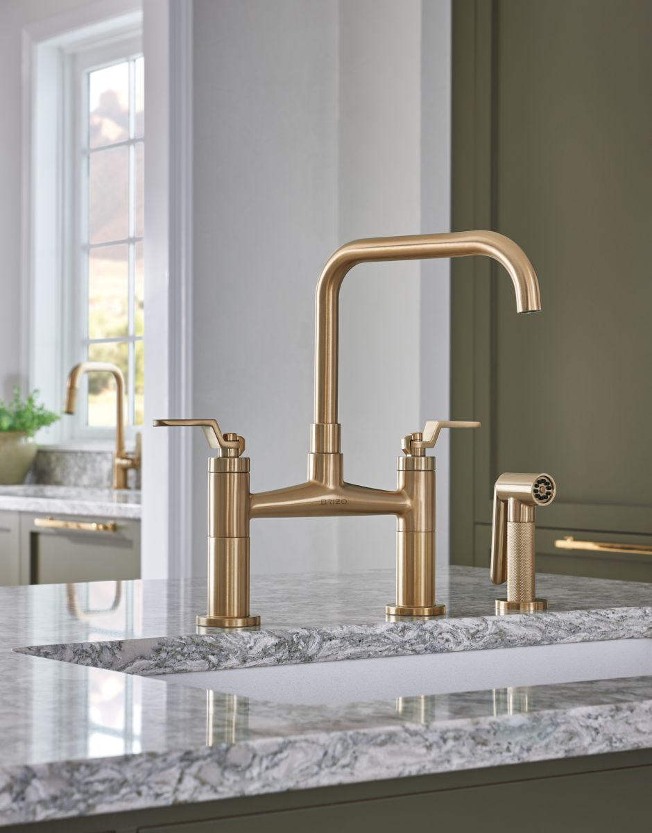 BRIZO Litze Bridge Faucet with Square Spout and Industrial Handle — Luxe Gold