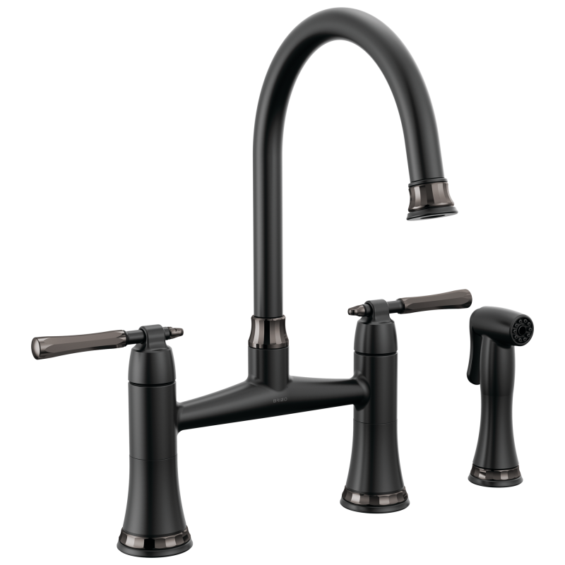 BRIZO Tulham Bridge Kitchen Faucet with Side Sprayer — Matte Black / Brilliance Black Onyx