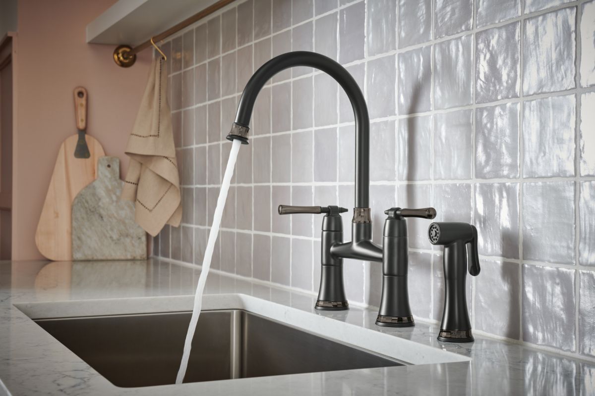 BRIZO Tulham Bridge Kitchen Faucet with Side Sprayer — Matte Black / Brilliance Black Onyx