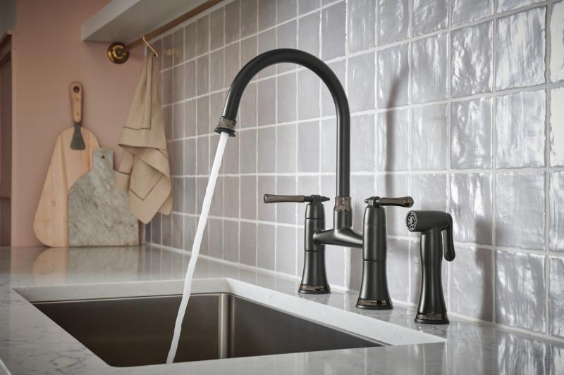 BRIZO Tulham Bridge Kitchen Faucet with Side Sprayer — Matte Black / Brilliance Black Onyx