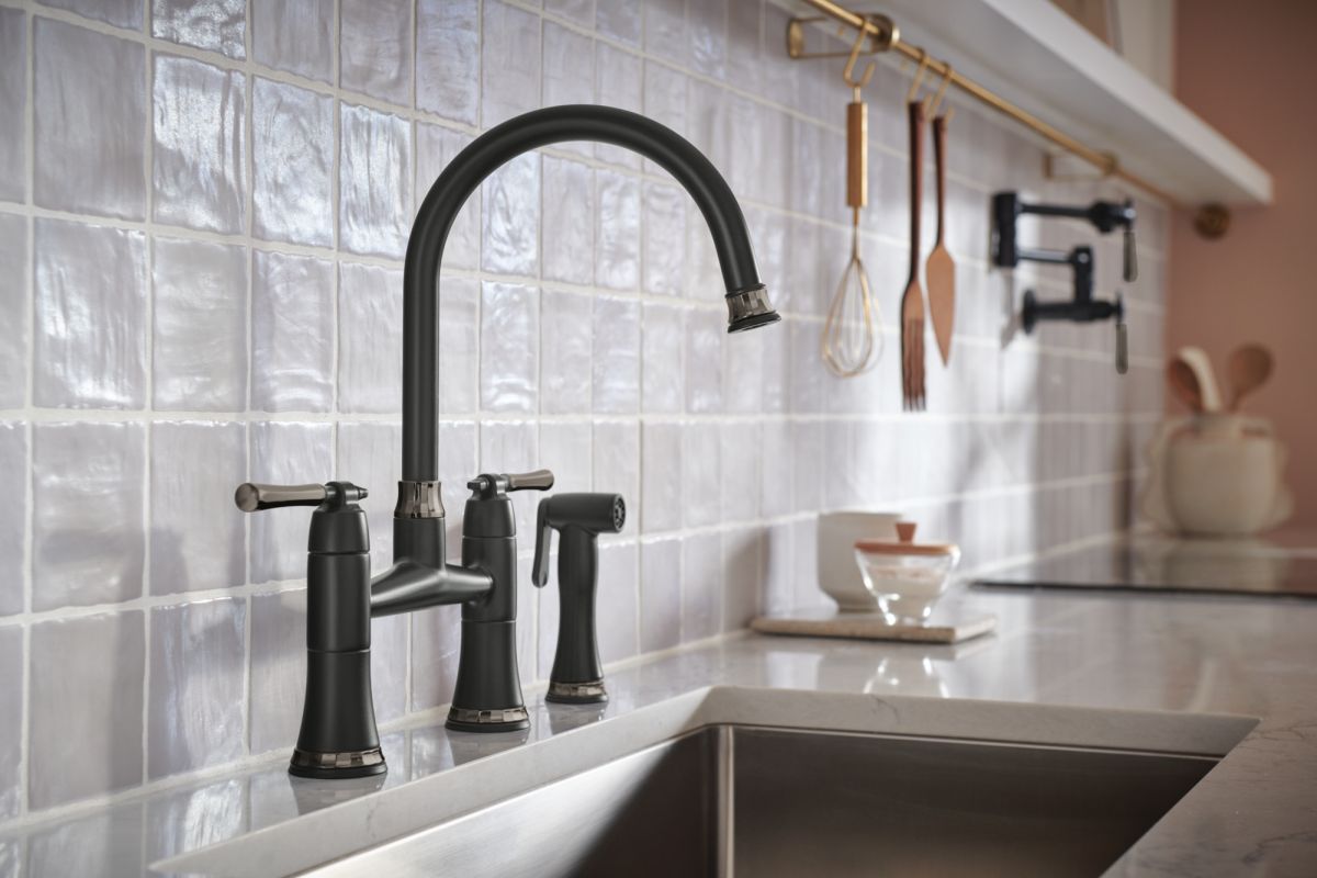 BRIZO Tulham Bridge Kitchen Faucet with Side Sprayer — Matte Black / Brilliance Black Onyx