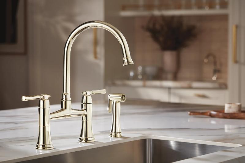 BRIZO Tulham Bridge Kitchen Faucet with Side Sprayer — Polished Nickel