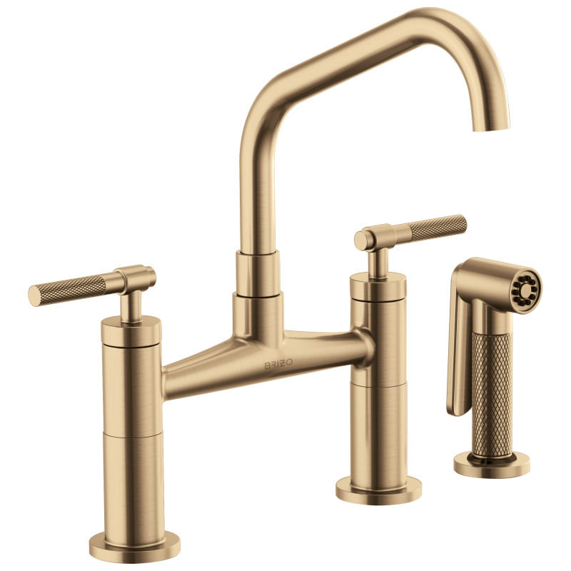 BRIZO Litze Bridge Faucet with Angled Spout and Knurled Handle — Luxe Gold
