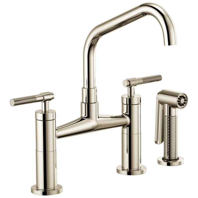 BRIZO Litze Bridge Faucet with Angled Spout and Knurled Handle — Polished Nickel