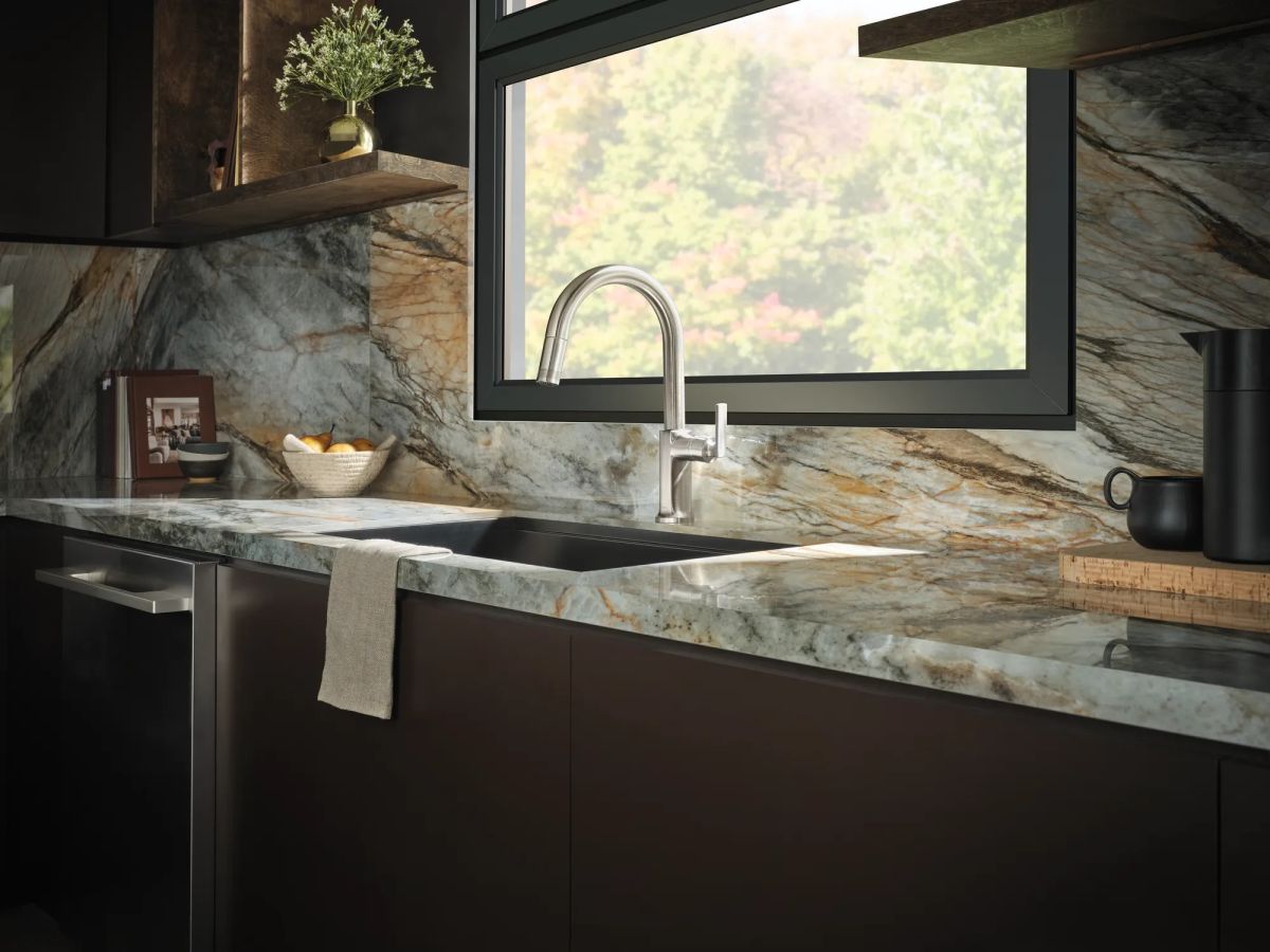 BRIZO Kintsu Pull-Down Faucet with Arc Spout - Less Handle — Lumicoat® Stainless