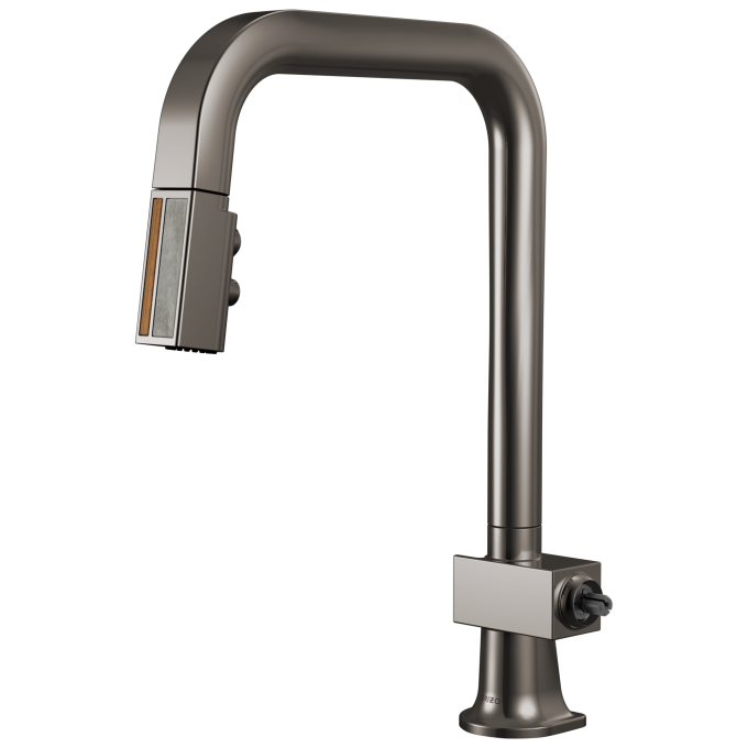BRIZO Frank Lloyd Wright Pull-Down Kitchen Faucet with Square Spout and Wood/Concrete Wand - Less Handle — Brilliance Black Onyx / Wood