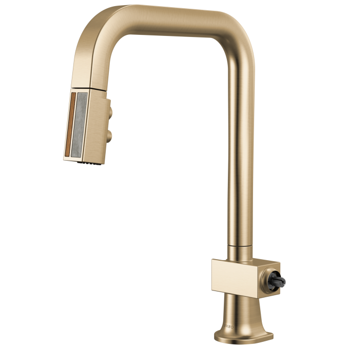 BRIZO Frank Lloyd Wright Pull-Down Kitchen Faucet with Square Spout and Wood/Concrete Wand - Less Handle — Luxe Gold / Wood