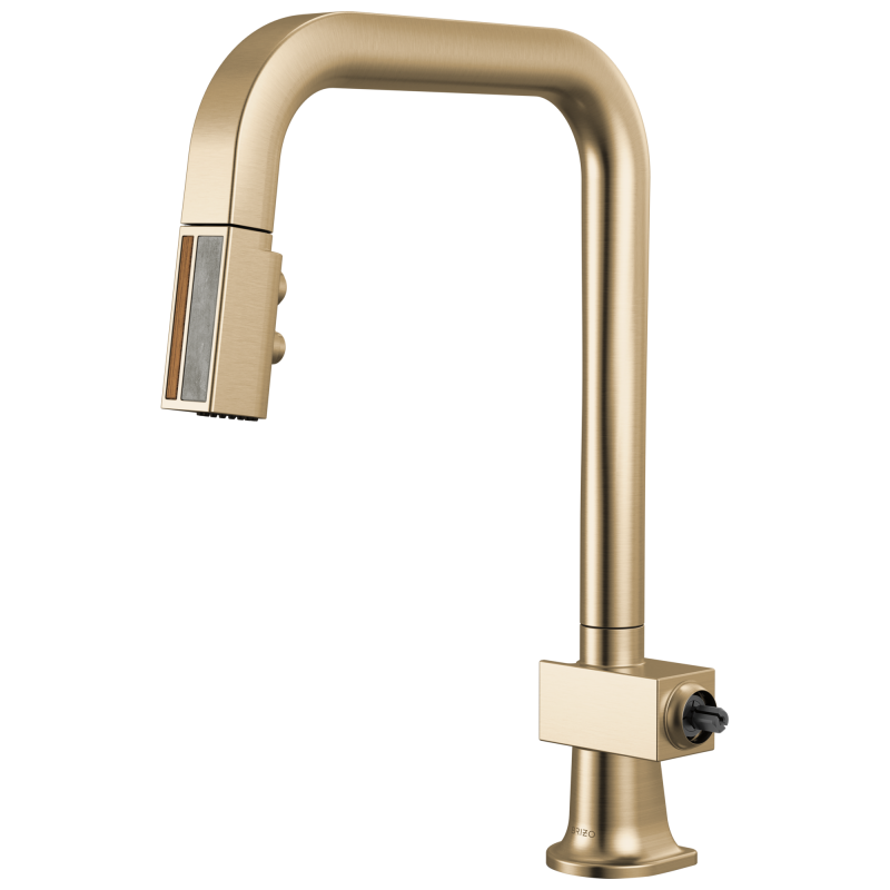 BRIZO Frank Lloyd Wright Pull-Down Kitchen Faucet with Square Spout and Wood/Concrete Wand - Less Handle — Luxe Gold / Wood