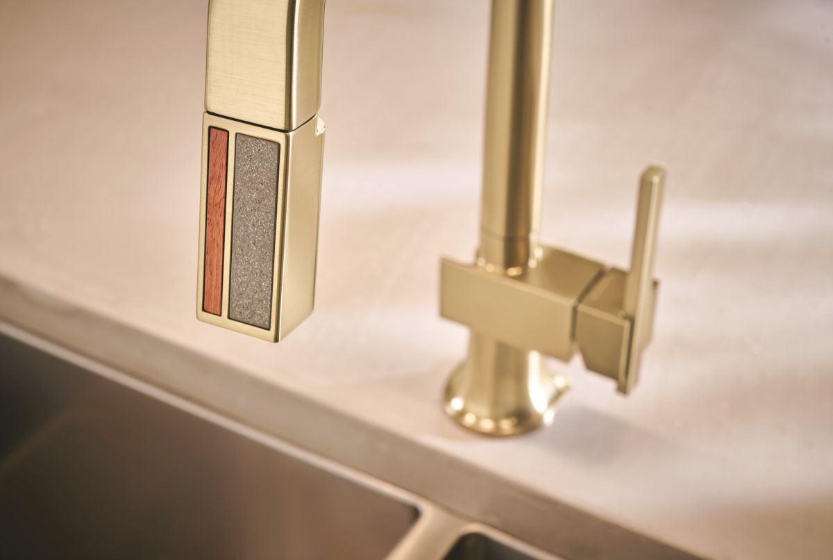 BRIZO Frank Lloyd Wright Pull-Down Kitchen Faucet with Square Spout and Wood/Concrete Wand - Less Handle — Luxe Gold / Wood