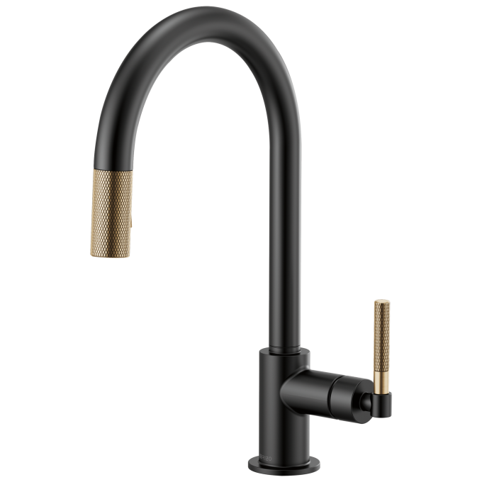 BRIZO Litze Pull-Down Faucet with Arc Spout and Knurled Handle — Matte Black/Luxe Gold