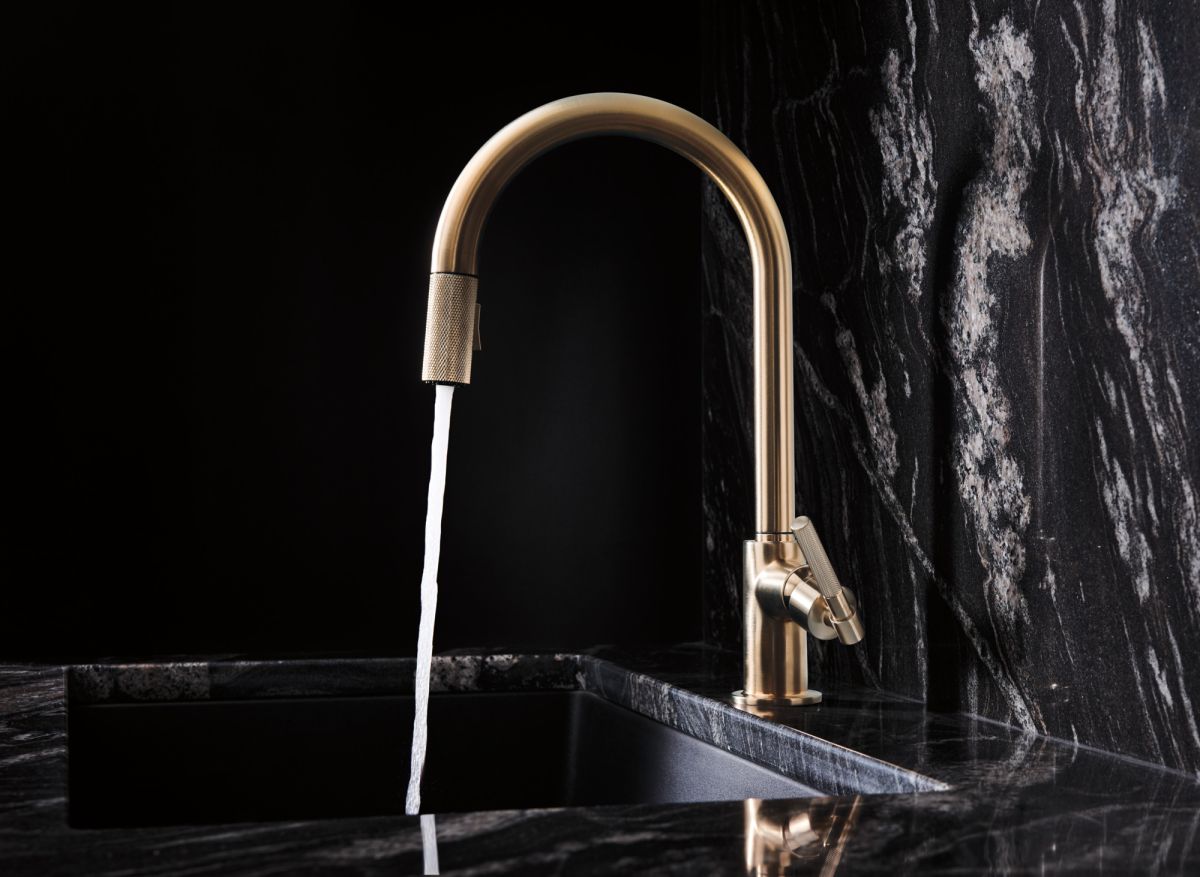 BRIZO Litze Pull-Down Faucet with Arc Spout and Knurled Handle — Luxe Gold