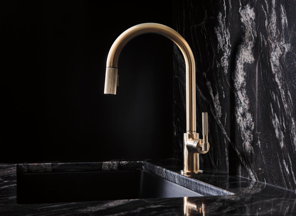 BRIZO Litze Pull-Down Faucet with Arc Spout and Knurled Handle — Luxe Gold