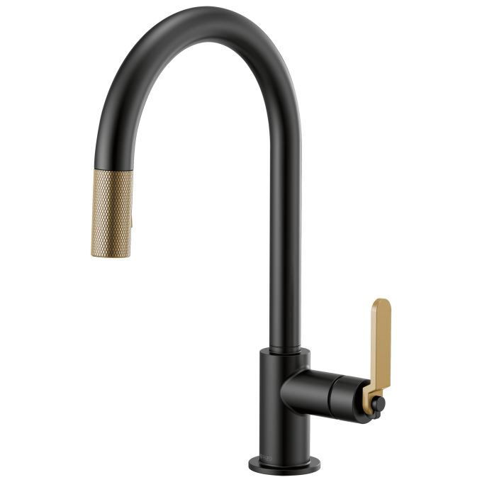 BRIZO Litze Pull-Down Faucet with Arc Spout and Industrial Handle — Matte Black/Luxe Gold