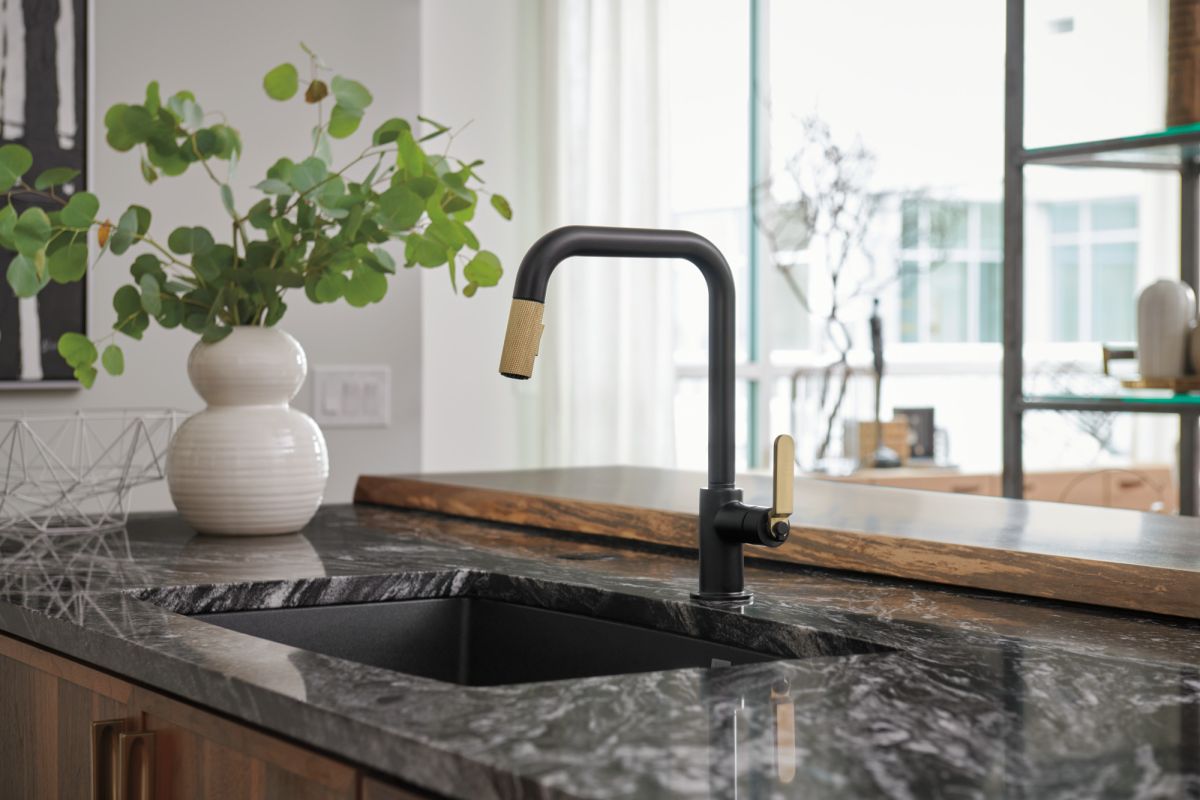 BRIZO Litze Pull-Down Faucet with Square Spout and Industrial Handle — Matte Black/Luxe Gold