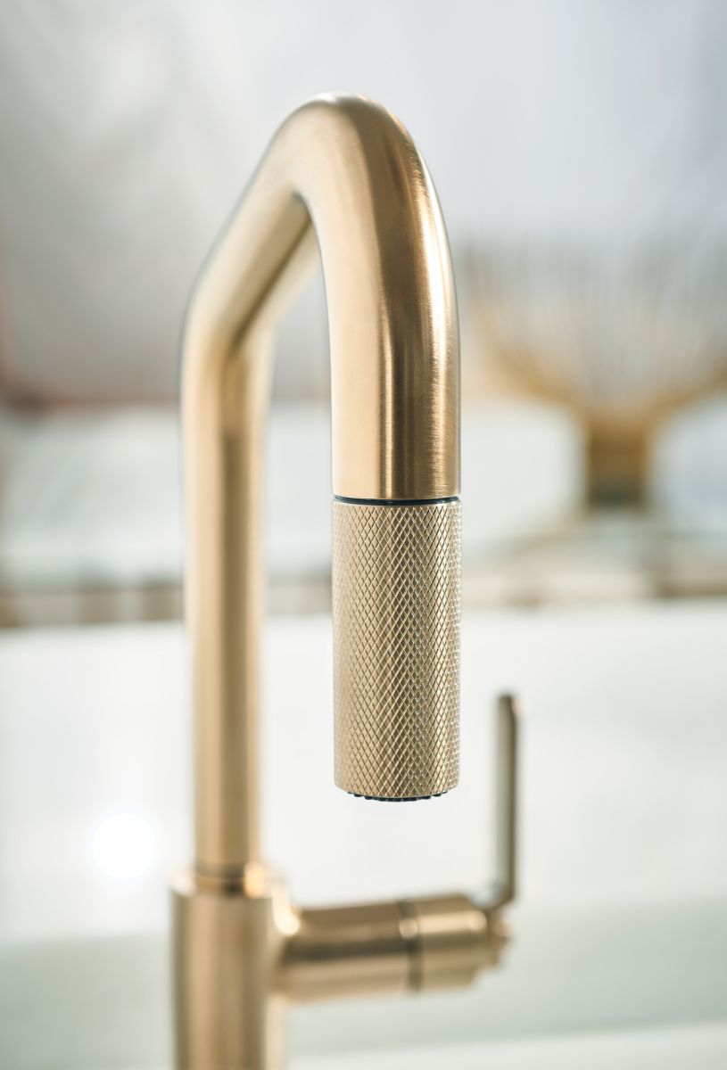 BRIZO Litze Pull-Down Faucet with Angled Spout and Industrial Handle — Luxe Gold