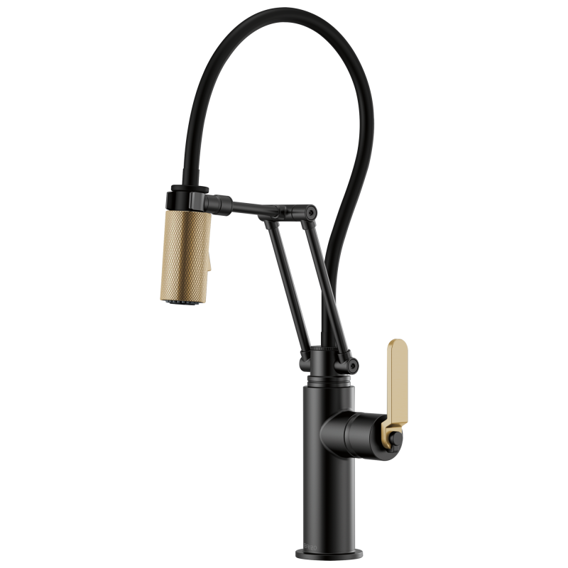 BRIZO Litze Articulating Faucet with Industrial Handle — Matte Black/Luxe Gold
