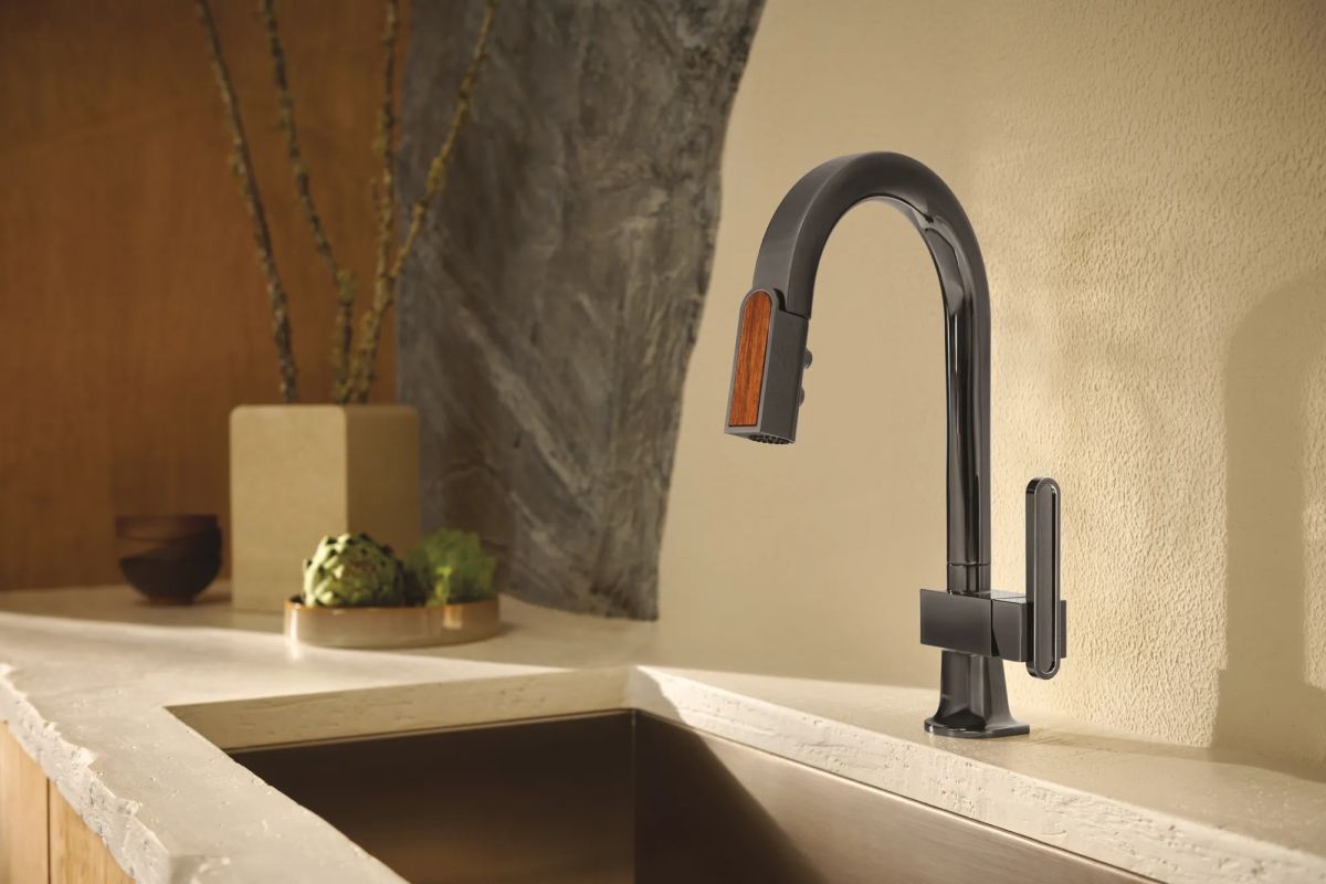 BRIZO Frank Lloyd Wright Pull-Down Prep Faucet with Arc Spout and Wood Wand - Less Handle — Brilliance Black Onyx / Wood