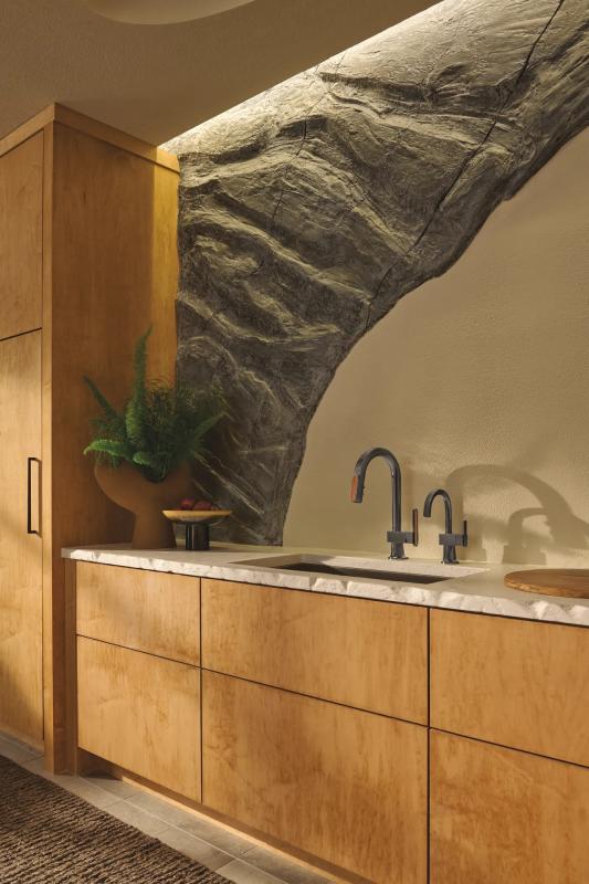 BRIZO Frank Lloyd Wright Pull-Down Prep Faucet with Arc Spout and Wood Wand - Less Handle — Brilliance Black Onyx / Wood