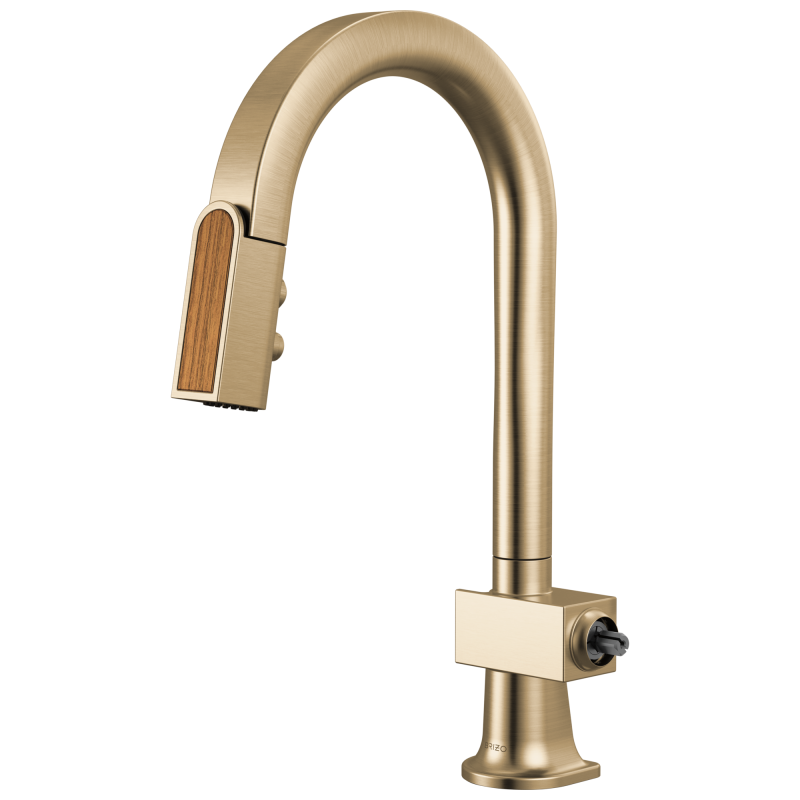 BRIZO Frank Lloyd Wright Pull-Down Prep Faucet with Arc Spout and Wood Wand - Less Handle — Luxe Gold / Wood