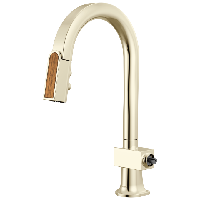 BRIZO Frank Lloyd Wright Pull-Down Prep Faucet with Arc Spout and Wood Wand - Less Handle — Polished Nickel / Wood