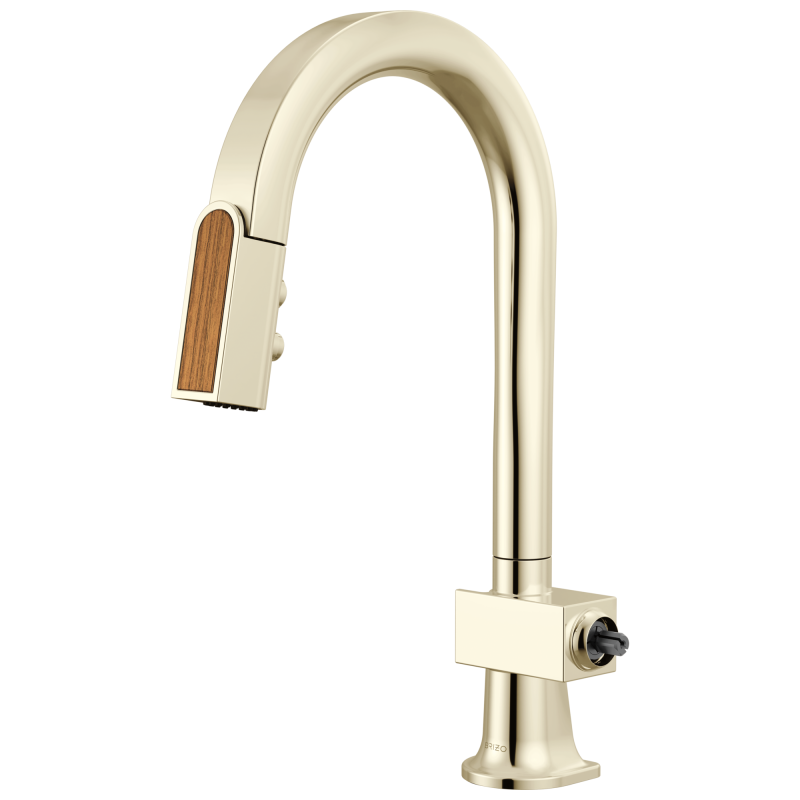 BRIZO Frank Lloyd Wright Pull-Down Prep Faucet with Arc Spout and Wood Wand - Less Handle — Polished Nickel / Wood