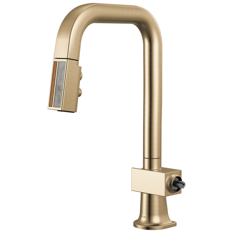 BRIZO Frank Lloyd Wright Pull-Down Prep Faucet with Square Spout and Wood/Concrete Wand - Less Handle — Luxe Gold / Wood