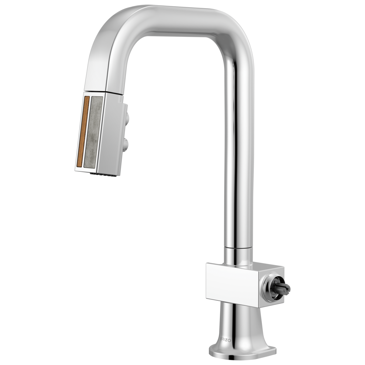 BRIZO Frank Lloyd Wright Pull-Down Prep Faucet with Square Spout and Wood/Concrete Wand - Less Handle — Polished Chrome / Teak Wood