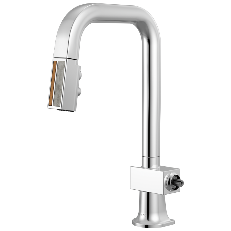 BRIZO Frank Lloyd Wright Pull-Down Prep Faucet with Square Spout and Wood/Concrete Wand - Less Handle — Polished Chrome / Teak Wood