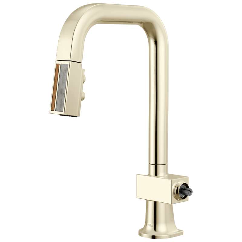 BRIZO Frank Lloyd Wright Pull-Down Prep Faucet with Square Spout and Wood/Concrete Wand - Less Handle — Polished Nickel / Wood