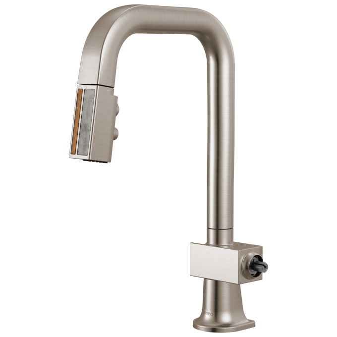 BRIZO Frank Lloyd Wright Pull-Down Prep Faucet with Square Spout and Wood/Concrete Wand - Less Handle — Stainless / Wood
