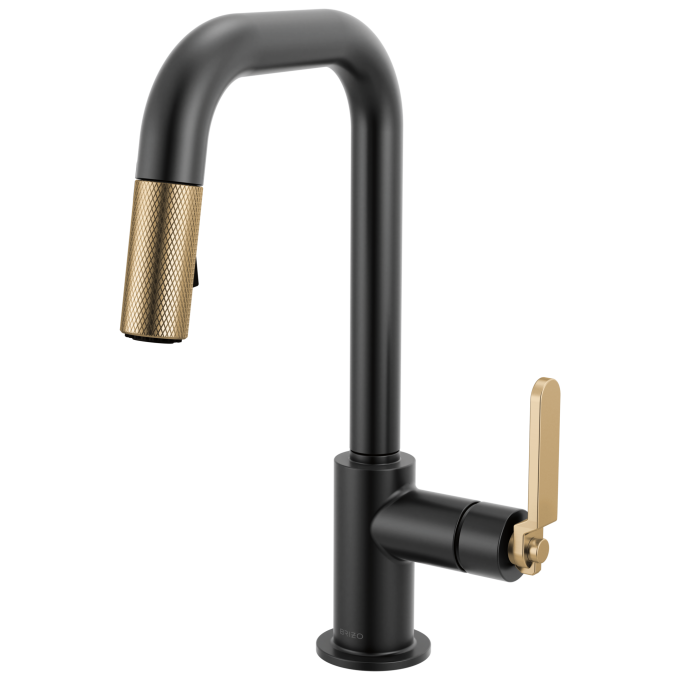 BRIZO Litze Pull-Down Prep Faucet with Square Spout - Industrial Handle — Matte Black/Luxe Gold