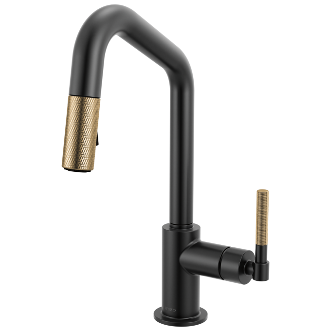 BRIZO Litze Pull-Down Prep Faucet with Angle Spout - Knurled Handle — Matte Black/Luxe Gold