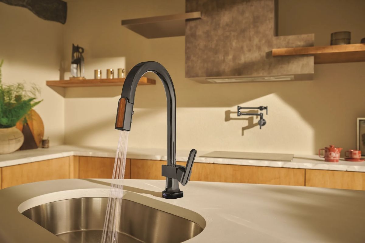 BRIZO Frank Lloyd Wright SmartTouch Pull-Down Kitchen Faucet with Arc Spout and Wood Wand - Less Handle — Brilliance Black Onyx / Wood