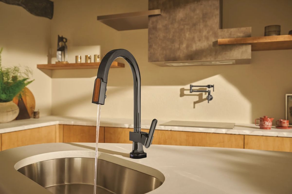 BRIZO Frank Lloyd Wright SmartTouch Pull-Down Kitchen Faucet with Arc Spout and Wood Wand - Less Handle — Brilliance Black Onyx / Wood