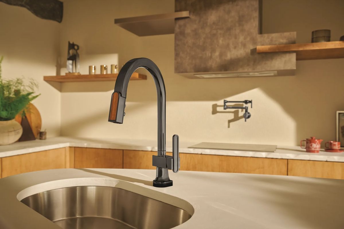 BRIZO Frank Lloyd Wright SmartTouch Pull-Down Kitchen Faucet with Arc Spout and Wood Wand - Less Handle — Brilliance Black Onyx / Wood