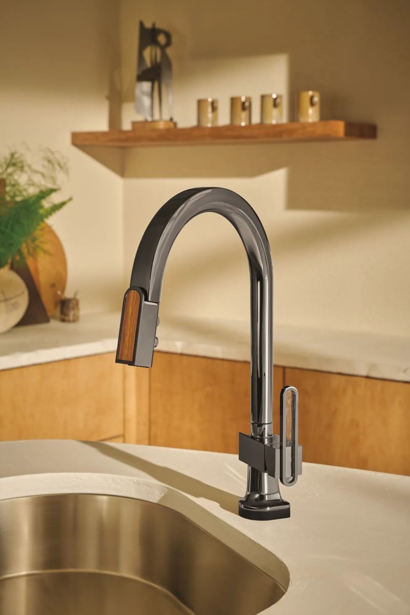 BRIZO Frank Lloyd Wright SmartTouch Pull-Down Kitchen Faucet with Arc Spout and Wood Wand - Less Handle — Brilliance Black Onyx / Wood