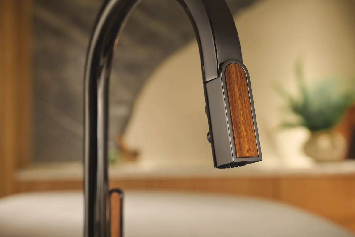 BRIZO Frank Lloyd Wright SmartTouch Pull-Down Kitchen Faucet with Arc Spout and Wood Wand - Less Handle — Brilliance Black Onyx / Wood