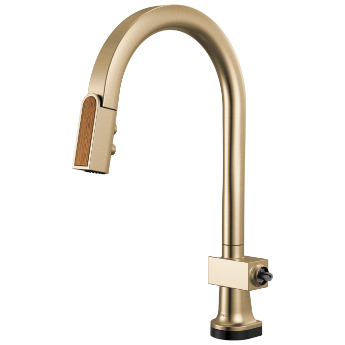 BRIZO Frank Lloyd Wright SmartTouch Pull-Down Kitchen Faucet with Arc Spout and Wood Wand - Less Handle — Luxe Gold / Wood