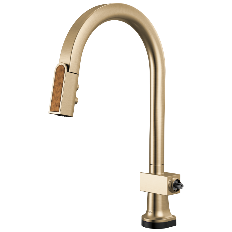 BRIZO Frank Lloyd Wright SmartTouch Pull-Down Kitchen Faucet with Arc Spout and Wood Wand - Less Handle — Luxe Gold / Wood