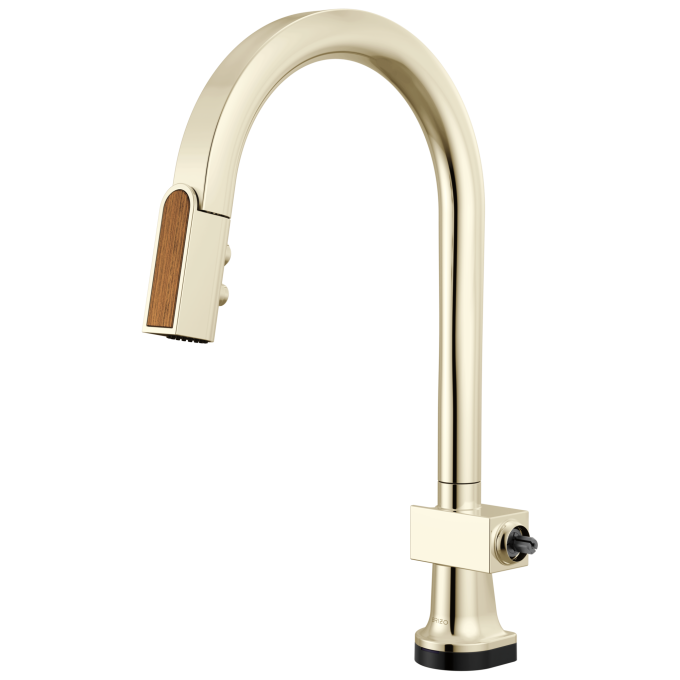 BRIZO Frank Lloyd Wright SmartTouch Pull-Down Kitchen Faucet with Arc Spout and Wood Wand - Less Handle — Polished Nickel / Wood