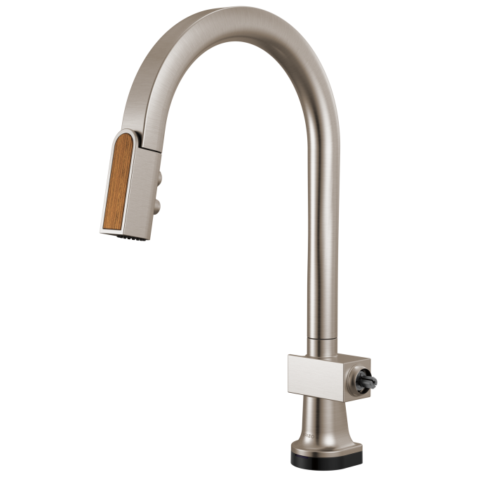 BRIZO Frank Lloyd Wright SmartTouch Pull-Down Kitchen Faucet with Arc Spout and Wood Wand - Less Handle — Stainless / Wood